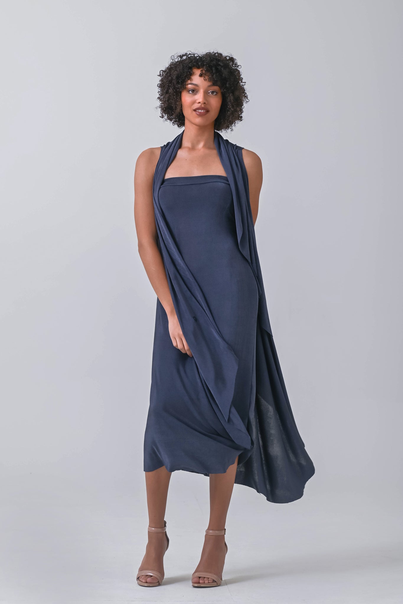 Charcoal Blue Stretchy Convertible Sleeveless Dress | AFYX AFYX Charcoal Blue Stretchy Convertible Sleeveless Dress | AFYX AFYX