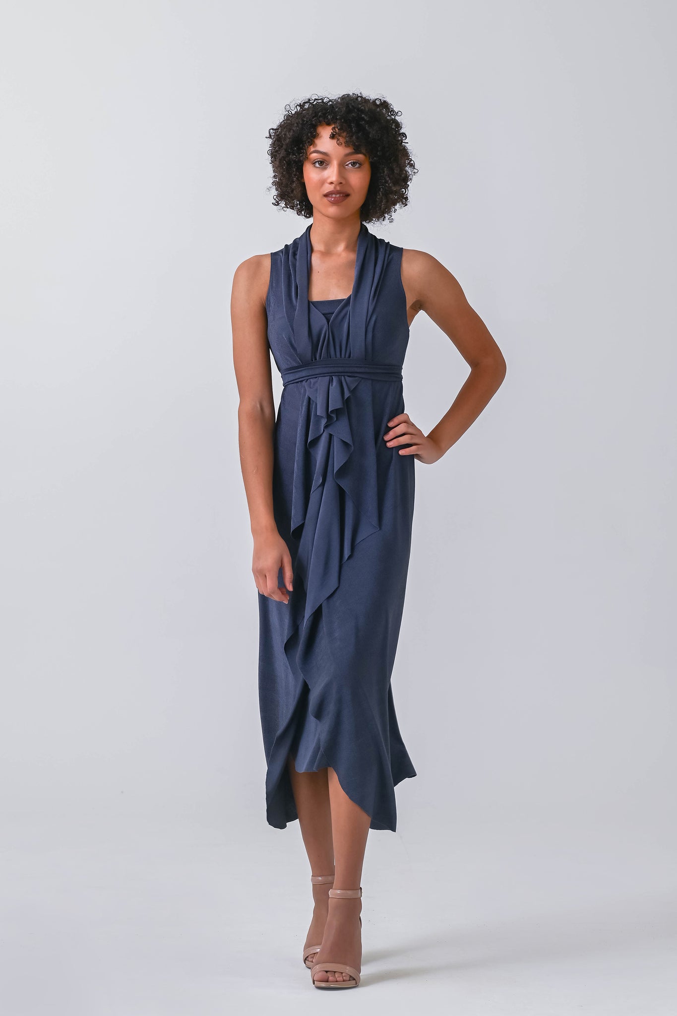 Charcoal Blue Stretchy Convertible Sleeveless Dress | AFYX AFYX Charcoal Blue Stretchy Convertible Sleeveless Dress | AFYX AFYX