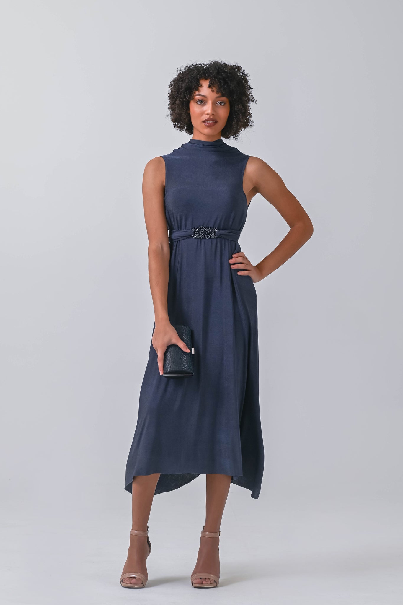 Charcoal Blue Stretchy Convertible Sleeveless Dress | AFYX AFYX Charcoal Blue Stretchy Convertible Sleeveless Dress | AFYX AFYX